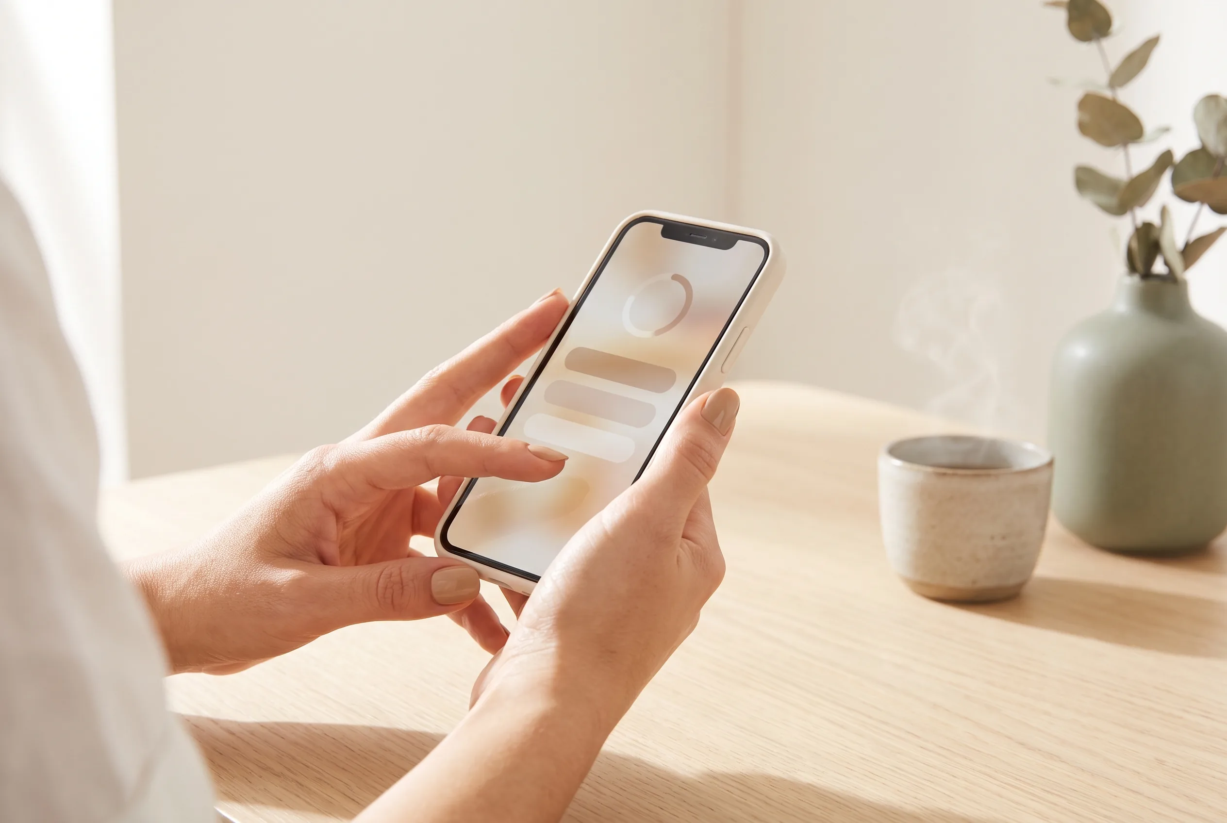 Hands holding a phone, taking the quiz in soft morning light