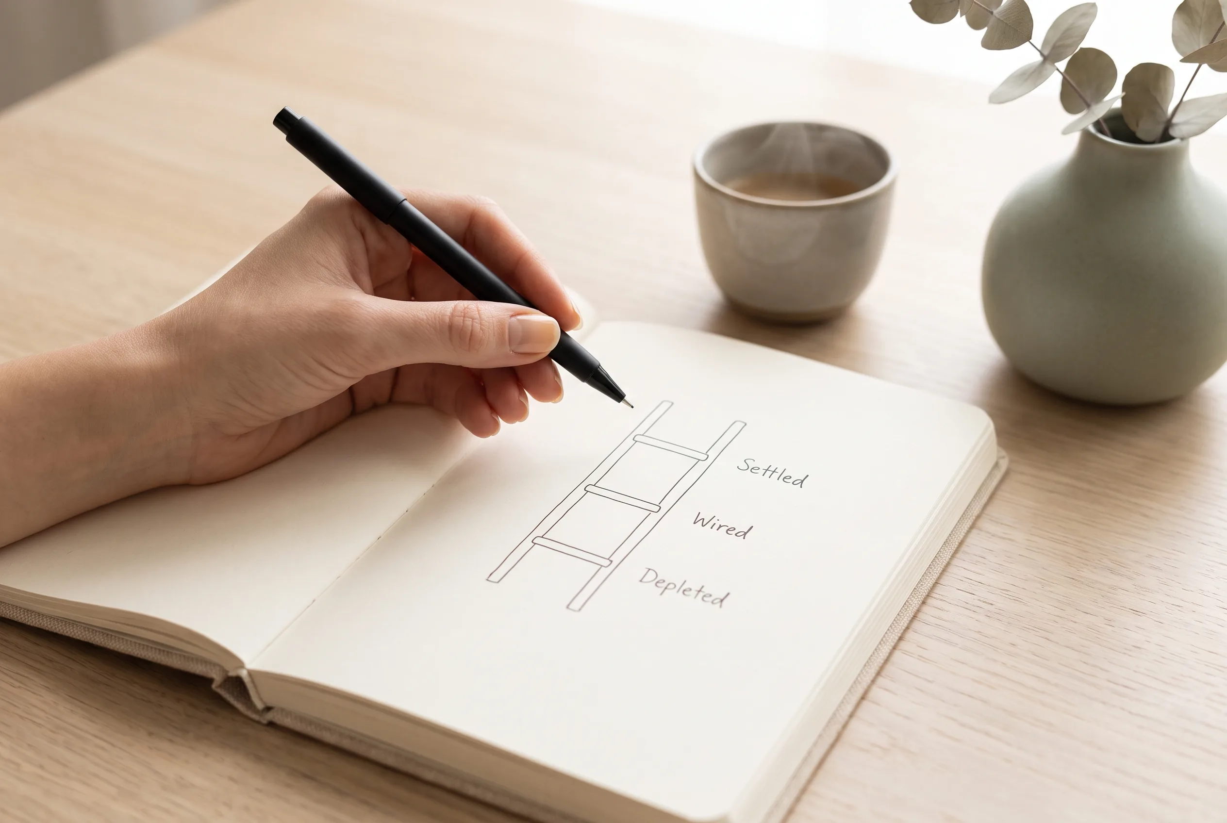 A hand sketching a Nervous System ladder, from settled to wired to depleted