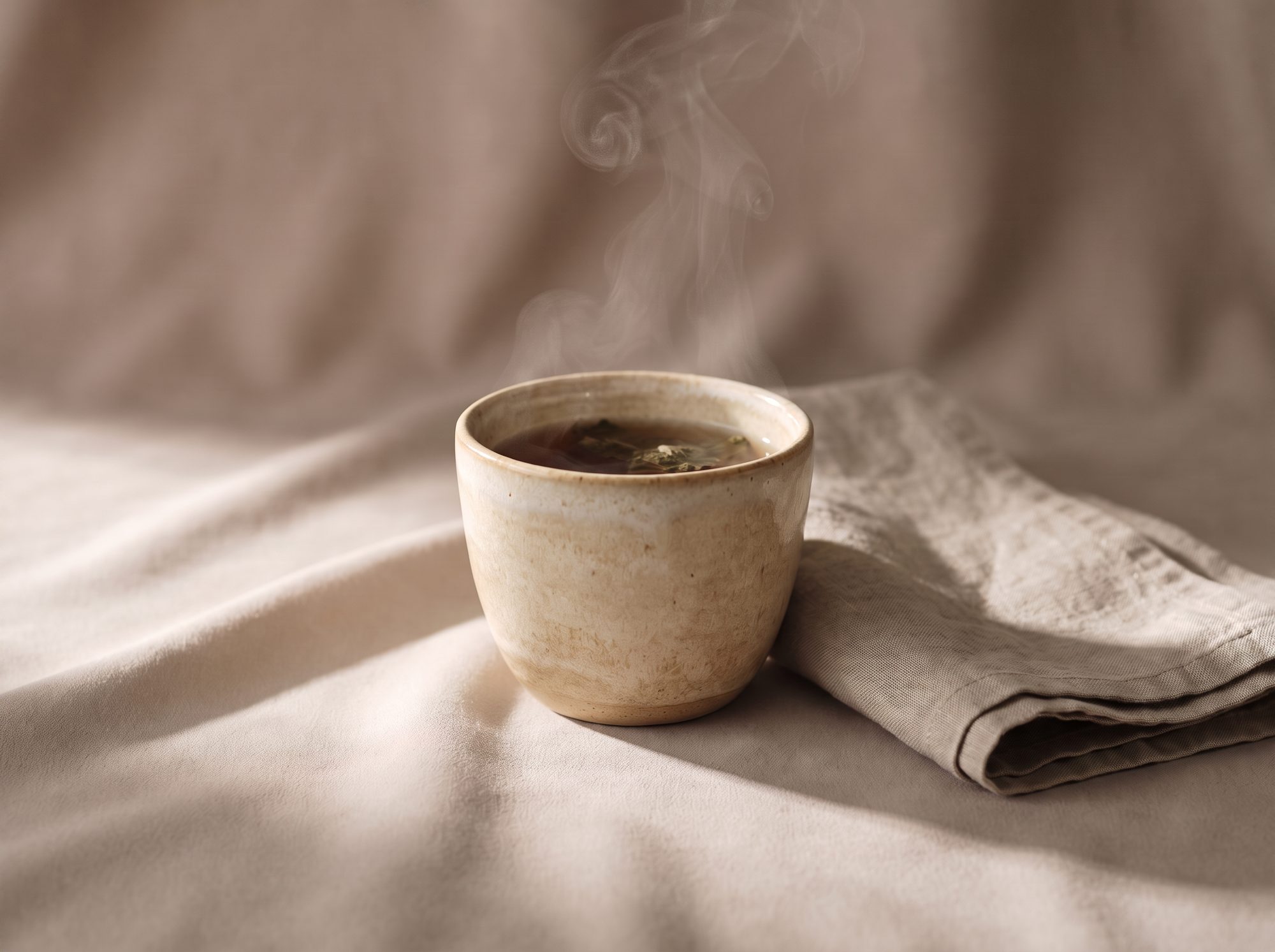 A warm cup of herbal tea steaming on linen, a moment of pause